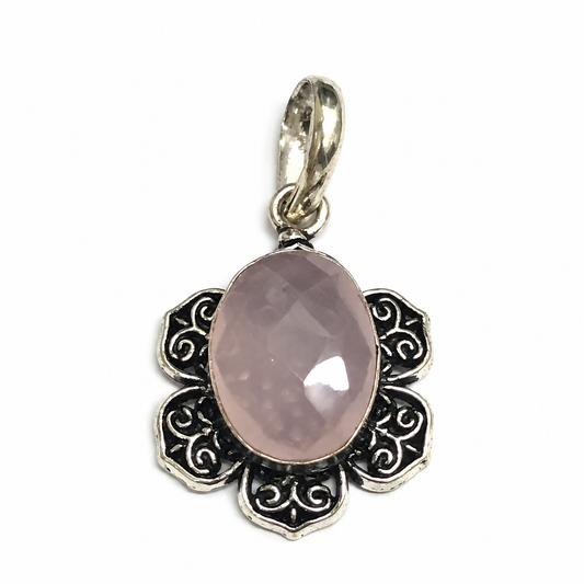 Rose Quartz Silver Pendant Floral Statement Jewelry, Elegant Gift PEN231-SLV-NRQ01