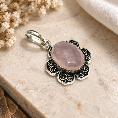 Rose Quartz Silver Pendant Floral Statement Jewelry, Elegant Gift PEN231-SLV-NRQ01