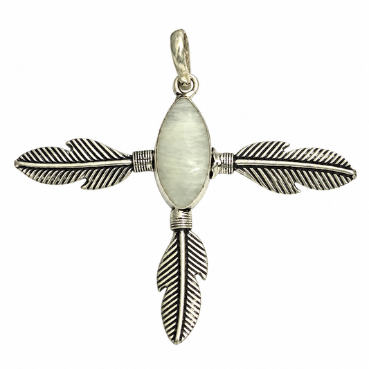 Boho Feather Arrow Pendant Natural Stone Silver Necklace PEN239-SLV-NMS01