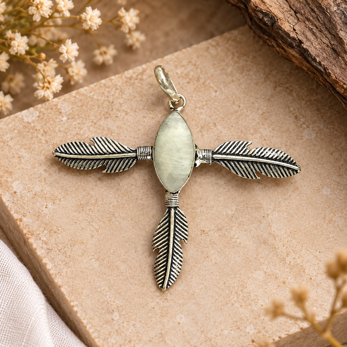 Boho Feather Arrow Pendant Natural Stone Silver Necklace PEN239-SLV-NMS01