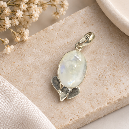 Moonstone Flower Pendant, Natural Gemstone Silver Jewelry PEN240-SLV-NMS01