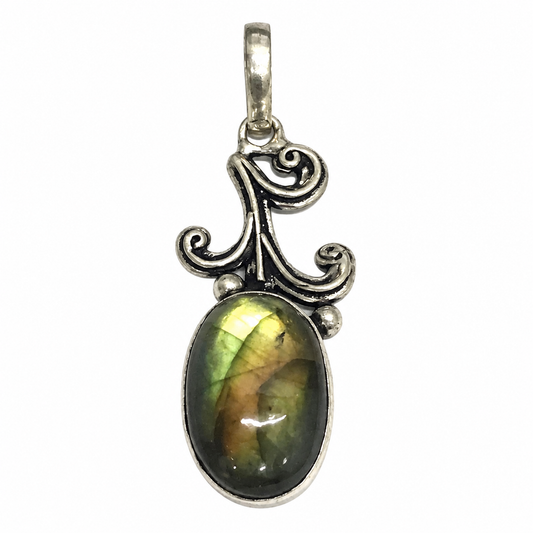 Labradorite Oval Pendant Vintage Silver Tone Boho Jewelry PEN245-SLV-NLBD01
