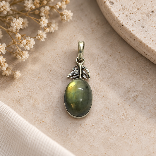 Labradorite Oval Leaf Pendant Boho Silver Tone Jewelry PEN247-SLV-NLBD01