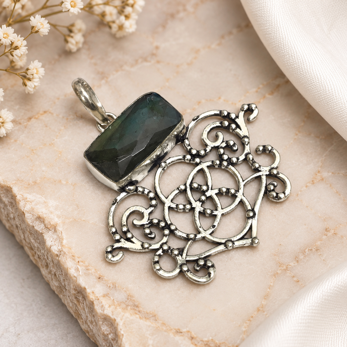 Labradorite Filigree Pendant Boho Statement Silver Tone Jewelry PEN250-SLV-NLBD01