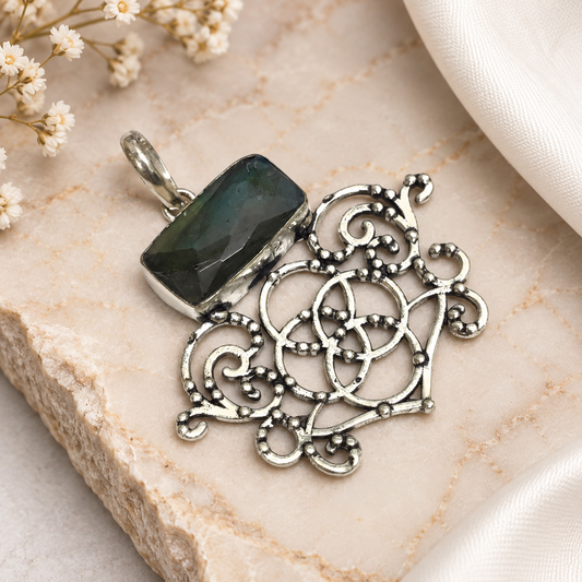 Labradorite Filigree Pendant Boho Statement Silver Tone Jewelry PEN250-SLV-NLBD01
