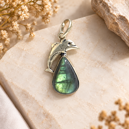 Labradorite Dolphin Pendant Ocean Inspired Silver Tone Jewelry PEN254-SLV-NLBD01
