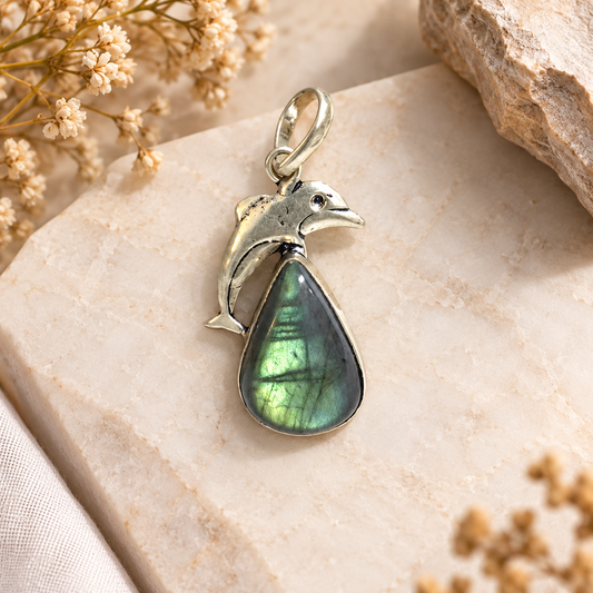 Labradorite Dolphin Pendant Ocean Inspired Silver Tone Jewelry PEN254-SLV-NLBD01