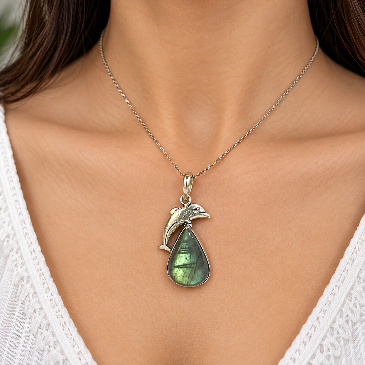 Labradorite Dolphin Pendant Ocean Inspired Silver Tone Jewelry PEN254-SLV-NLBD01