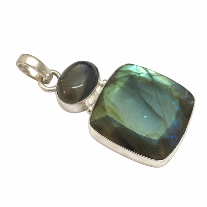 Labradorite Statement Pendant Double Stone Silver Tone Jewelry PEN255-SLV-NLBD02