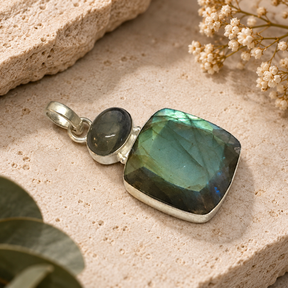 Labradorite Statement Pendant Double Stone Silver Tone Jewelry PEN255-SLV-NLBD02