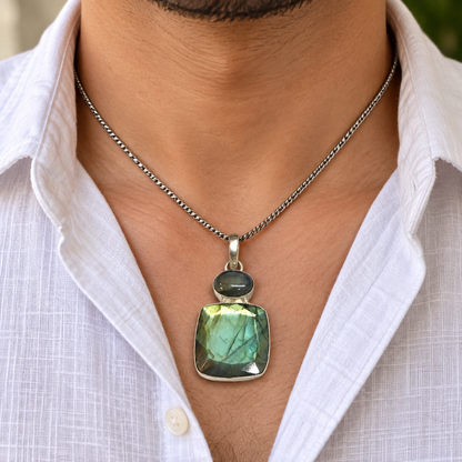 Labradorite Statement Pendant Double Stone Silver Tone Jewelry PEN255-SLV-NLBD02