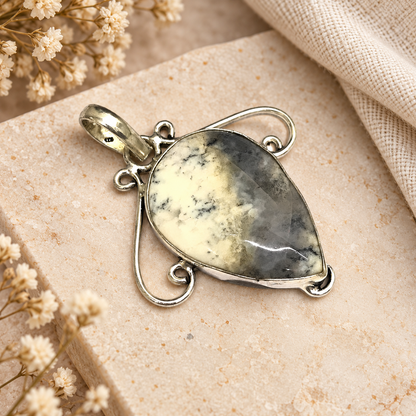 Dendritic Agate Pendant Boho Silver Tone Statement Jewelry PEN256-SLV-NDAG01