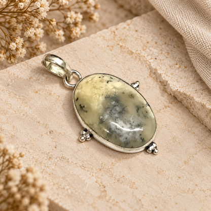 Dendritic Agate Oval Pendant Natural Stone Silver Tone Jewelry PEN258-SLV-NDAG01