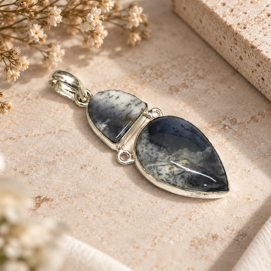 Dendritic Agate Double Stone Pendant Boho Silver Tone Jewelry PEN260-SLV-NDAG02