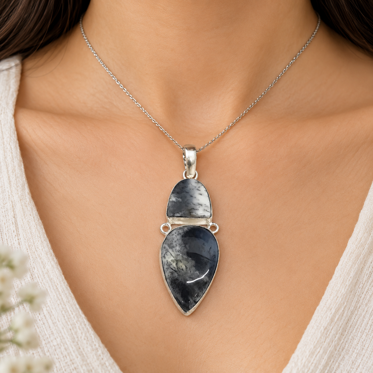 Dendritic Agate Double Stone Pendant Boho Silver Tone Jewelry PEN260-SLV-NDAG02