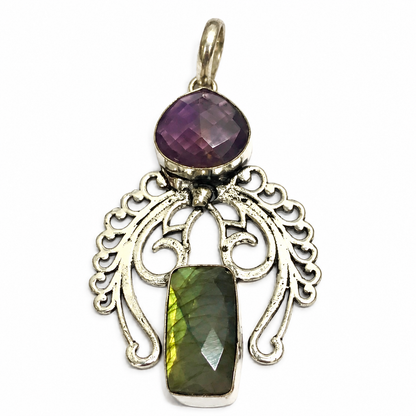 Amethyst Labradorite Pendant Ornate Boho Silver Tone Jewelry PEN261-SLV-NAMT-NLBD02