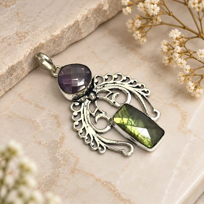 Amethyst Labradorite Pendant Ornate Boho Silver Tone Jewelry PEN261-SLV-NAMT-NLBD02