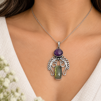 Amethyst Labradorite Pendant Ornate Boho Silver Tone Jewelry PEN261-SLV-NAMT-NLBD02
