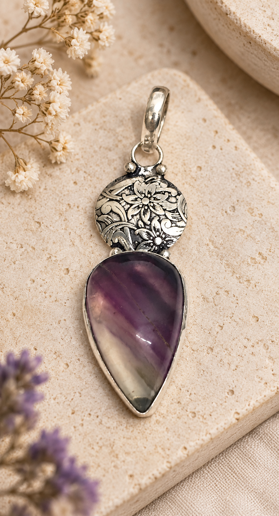 Amethyst Floral Pendant Purple Gemstone Boho Silver Tone Jewelry PEN262-SLV-NAMT01