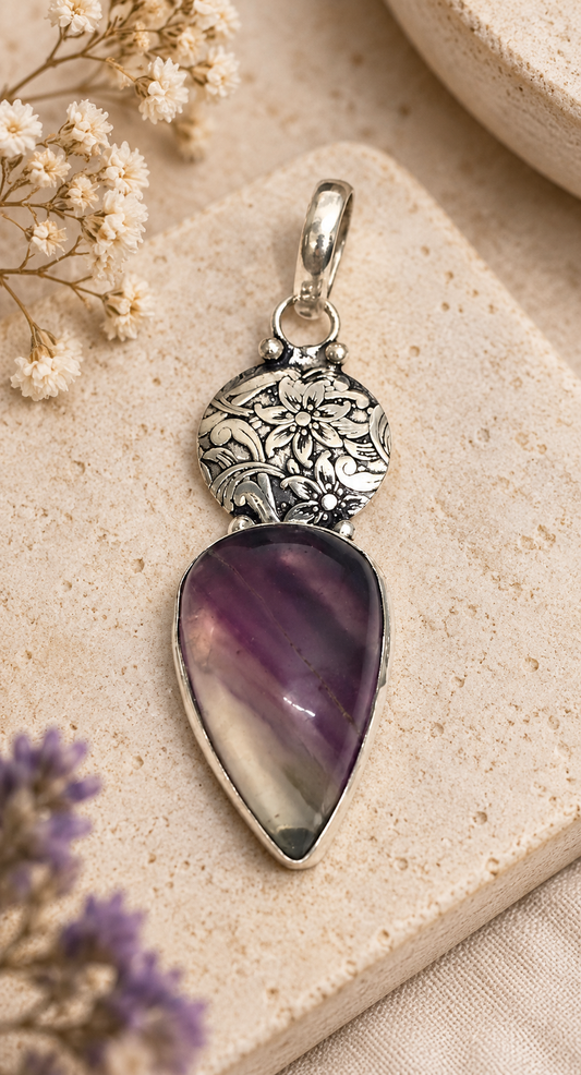 Amethyst Floral Pendant Purple Gemstone Boho Silver Tone Jewelry PEN262-SLV-NAMT01