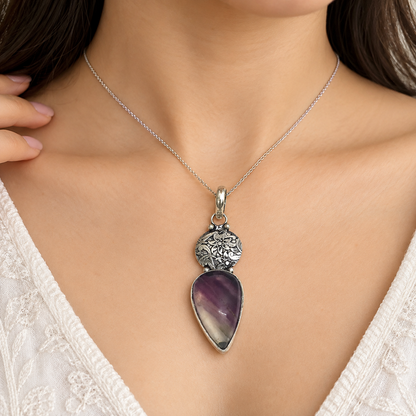 Amethyst Floral Pendant Purple Gemstone Boho Silver Tone Jewelry PEN262-SLV-NAMT01