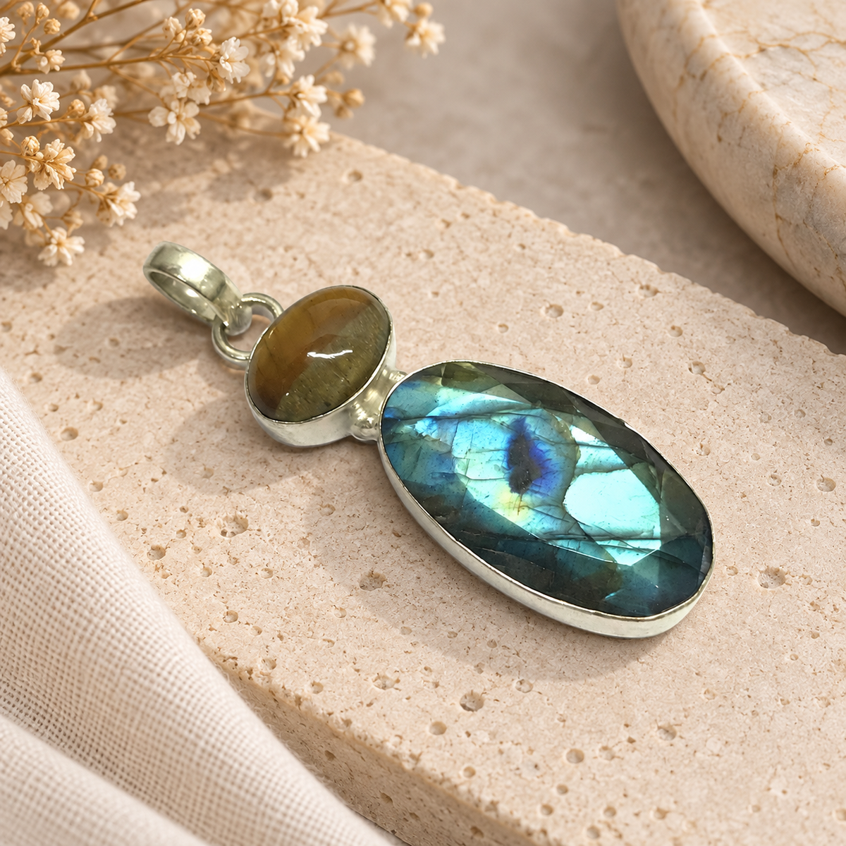 Natural Labradorite Tiger Eye Pendant Boho Gemstone Jewelry PEN264-SLV-NLBD-NTE02