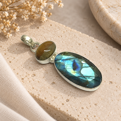 Natural Labradorite Tiger Eye Pendant Boho Gemstone Jewelry PEN264-SLV-NLBD-NTE02