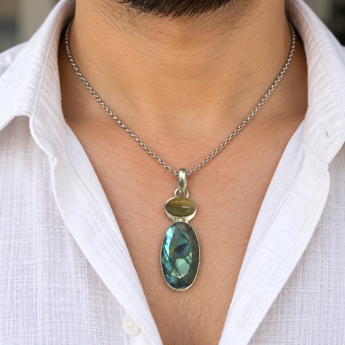 Natural Labradorite Tiger Eye Pendant Boho Gemstone Jewelry PEN264-SLV-NLBD-NTE02