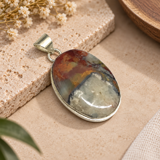 Natural Rainforest Jasper Pendant, Multicolor Silver Jewelry PEN265-SLV-NJR01