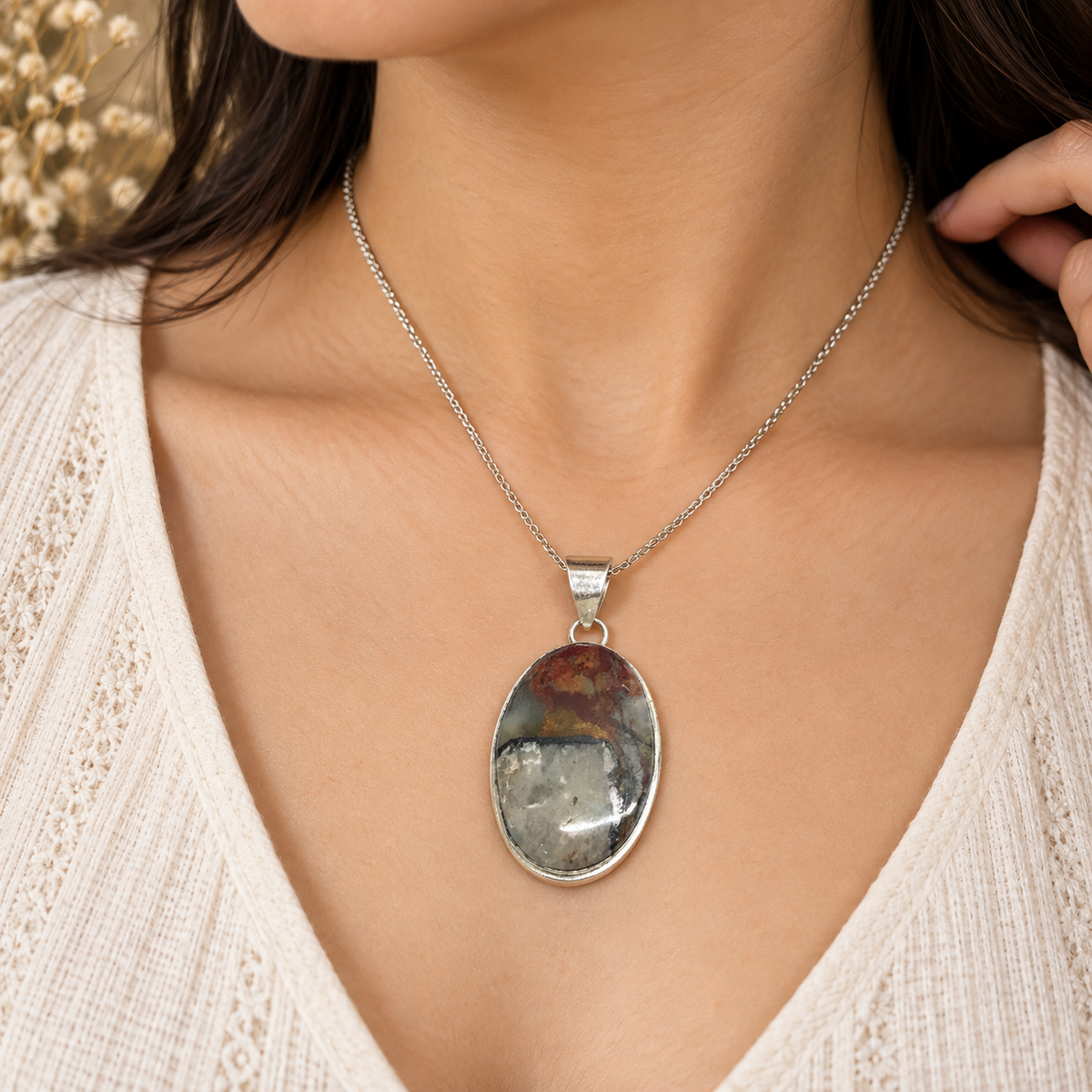 Natural Rainforest Jasper Pendant, Multicolor Silver Jewelry PEN265-SLV-NJR01