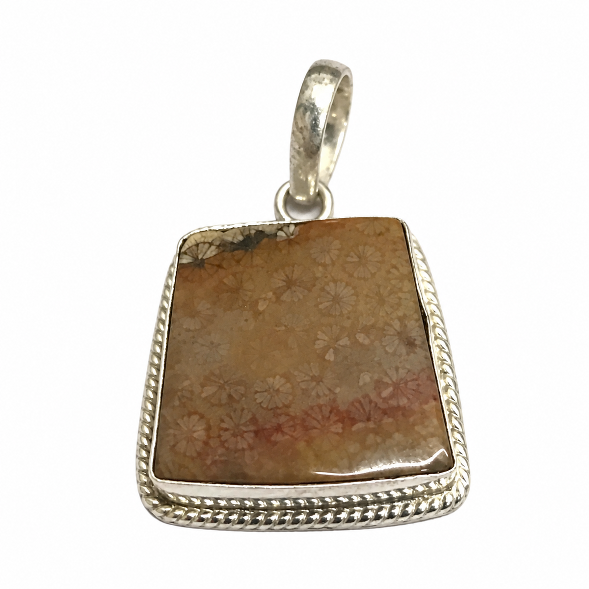 Natural Fossil Coral Pendant Beige Floral Pattern Jewelry PEN267-SLV-NFC01