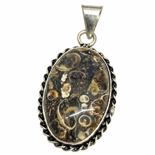 Turritella Agate Pendant Fossil Stone Silver Statement Jewelry PEN285-SLV-NTT01