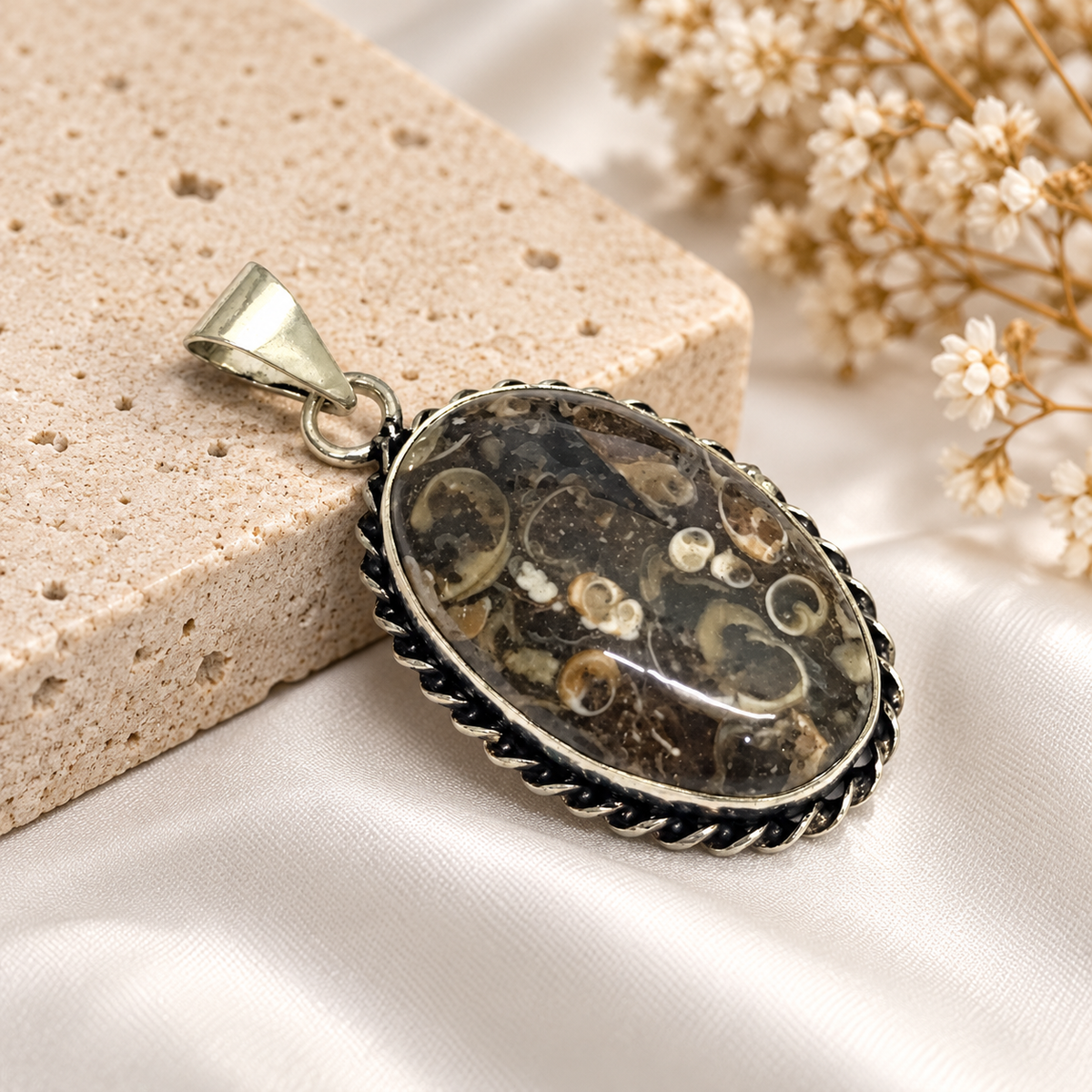Turritella Agate Pendant Fossil Stone Silver Statement Jewelry PEN285-SLV-NTT01