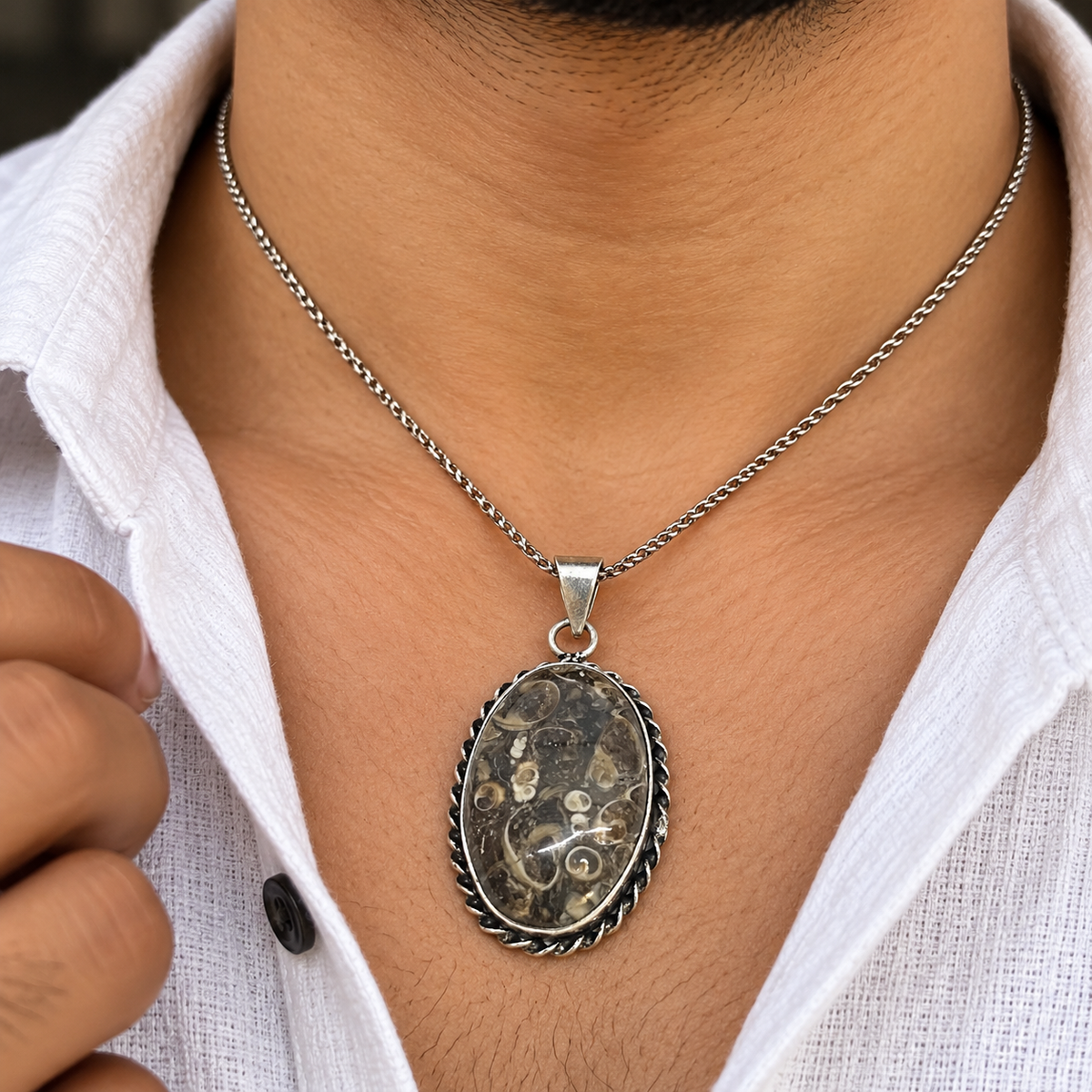 Turritella Agate Pendant Fossil Stone Silver Statement Jewelry PEN285-SLV-NTT01