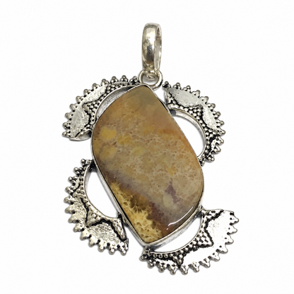 Fossil Coral Pendant Natural Stone Silver Statement Jewelry PEN288-SLV-NFC01