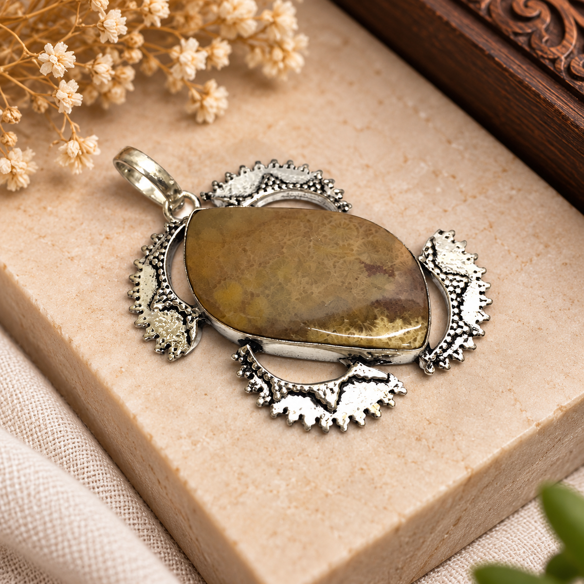 Fossil Coral Pendant Natural Stone Silver Statement Jewelry PEN288-SLV-NFC01