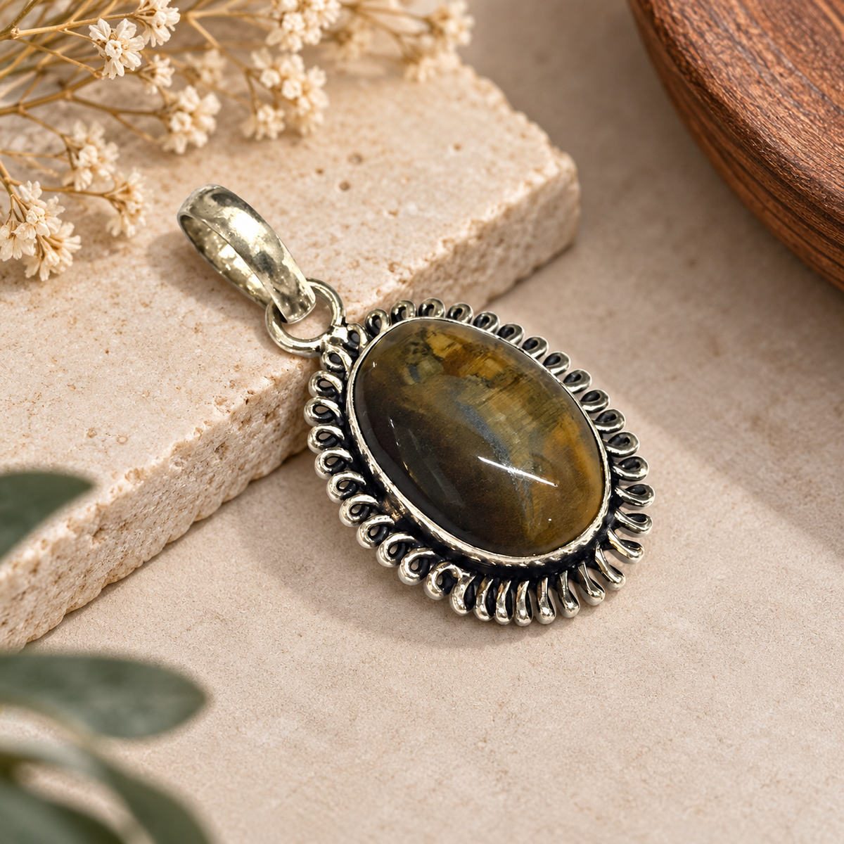 Natural Tiger Eye Pendant, Silver Boho Statement Jewelry PEN289-SLV-NTE01