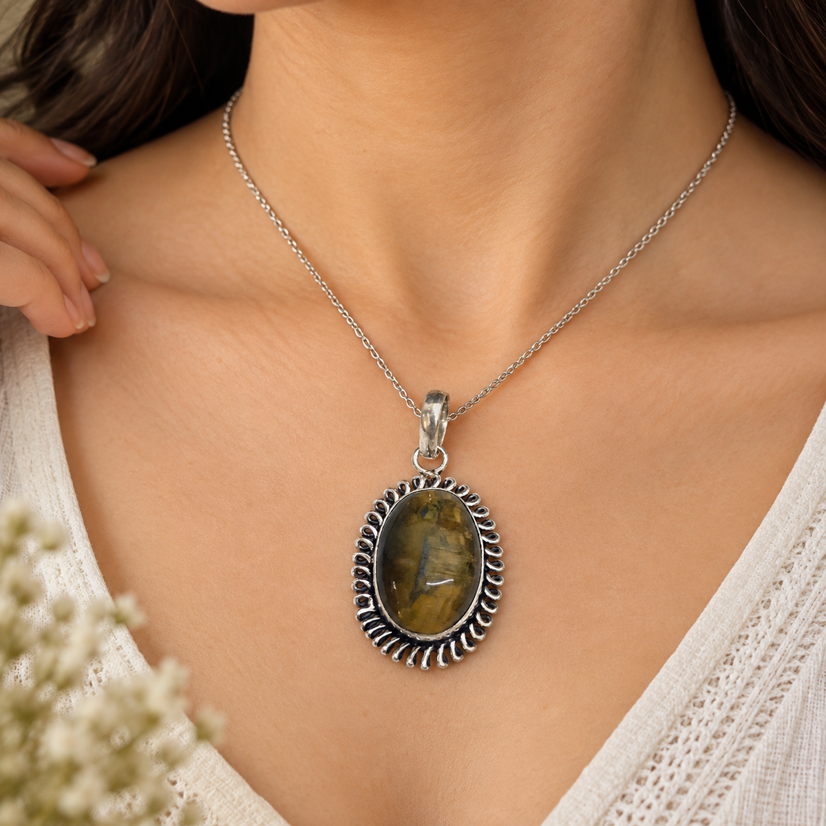Natural Tiger Eye Pendant, Silver Boho Statement Jewelry PEN289-SLV-NTE01
