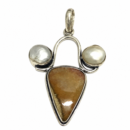Fossil Coral Pearl Pendant Natural Stone Silver Jewelry PEN291-SLV-NFC-NPRL03