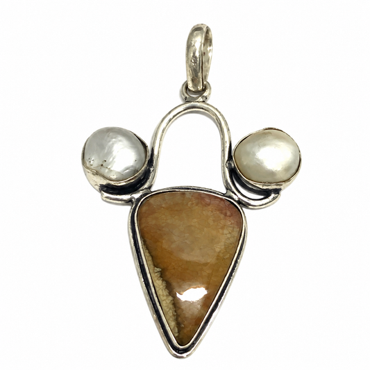 Fossil Coral Pearl Pendant Natural Stone Silver Jewelry PEN291-SLV-NFC-NPRL03