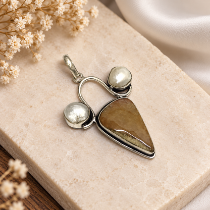 Fossil Coral Pearl Pendant Natural Stone Silver Jewelry PEN291-SLV-NFC-NPRL03