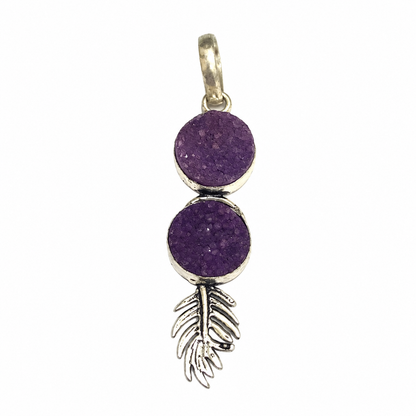 Purple Druzy Pendant, Natural Crystal Silver Leaf Jewelry PEN293-SLV-NPDY02