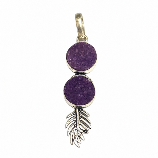 Purple Druzy Pendant, Natural Crystal Silver Leaf Jewelry PEN293-SLV-NPDY02