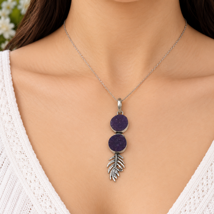 Purple Druzy Pendant, Natural Crystal Silver Leaf Jewelry PEN293-SLV-NPDY02