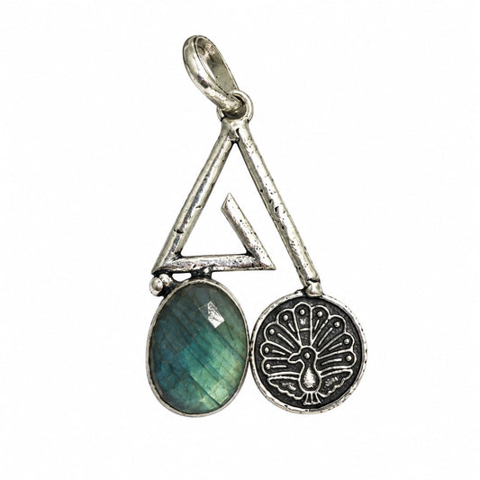 Labradorite Flower Pendant, Blue Flash Silver Boho Jewelry PEN295-SLV-NLBD01