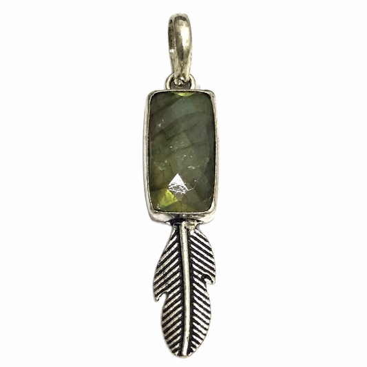 Labradorite Feather Pendant, Green Stone Silver Boho Jewelry PEN297-SLV-NLBD01