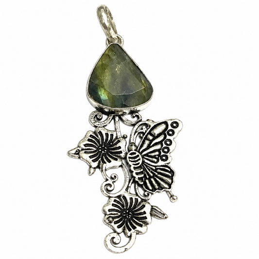 Labradorite Butterfly Pendant, Floral Silver Boho Jewelry PEN298-SLV-NLBD01