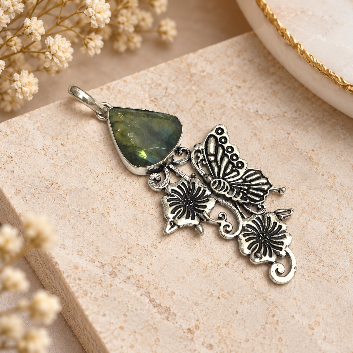 Labradorite Butterfly Pendant, Floral Silver Boho Jewelry PEN298-SLV-NLBD01