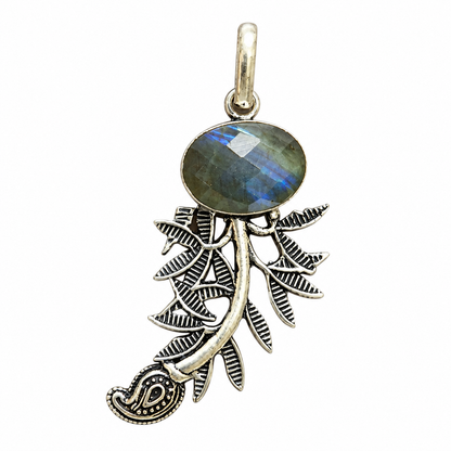Labradorite Leaf Pendant, Boho Botanical Silver Statement Jewelry PEN299-SLV-NLBD01a