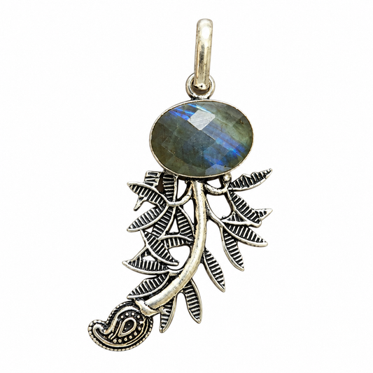 Labradorite Leaf Pendant, Boho Botanical Silver Statement Jewelry PEN299-SLV-NLBD01a